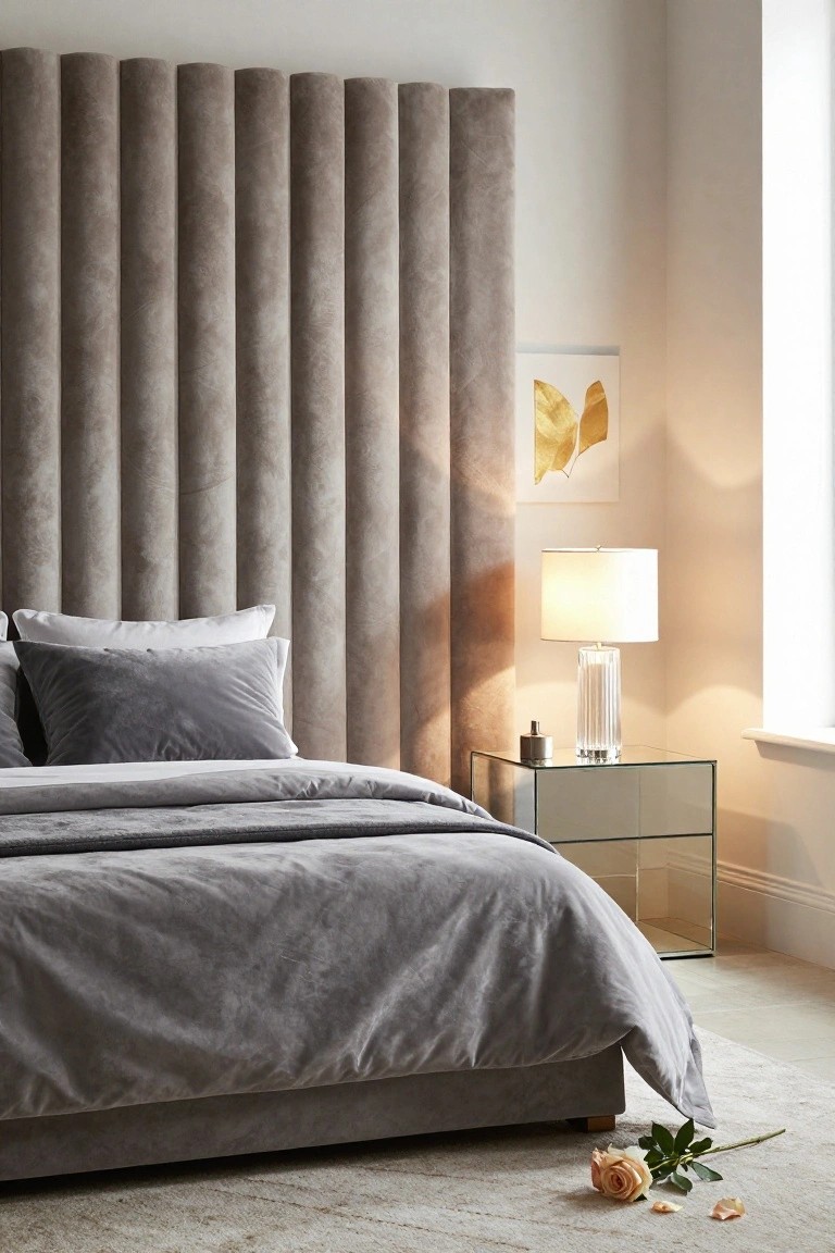Luxurious grey velvet bed with tall headboard beside mirrored nightstand and lamp.
