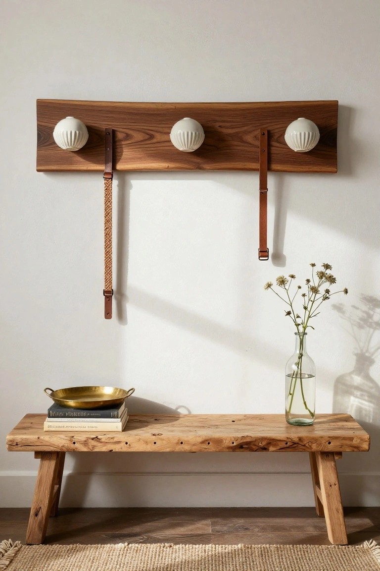 Wall-mounted curved live-edge walnut wood board with three white ruffled ceramic knobs used as hooks and two hanging leather belts above a distressed wooden bench with stacked books, brass tray, and glass vase of dried flowers against a white wall.