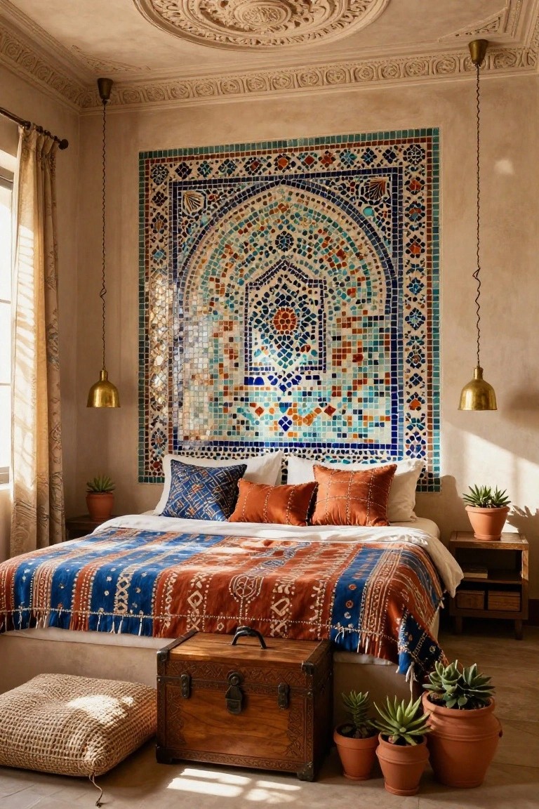 Bedroom corner featuring a large arched mosaic tile wall in blue, turquoise, green, orange, and white behind a bed with patterned pillows, orange throw blanket, brass pendant lights, wooden chest, potted succulents, and beige floor pouf.