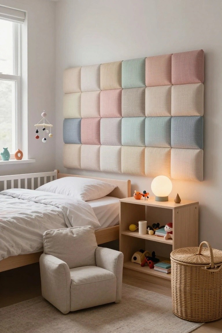 A nursery bedroom featuring a white crib with light bedding against a wall covered in a grid of variously colored pastel fabric-upholstered square panels serving as the headboard, next to a wooden nightstand with toys and a lamp, a small fabric armchair, and wicker basket on a light wood floor.