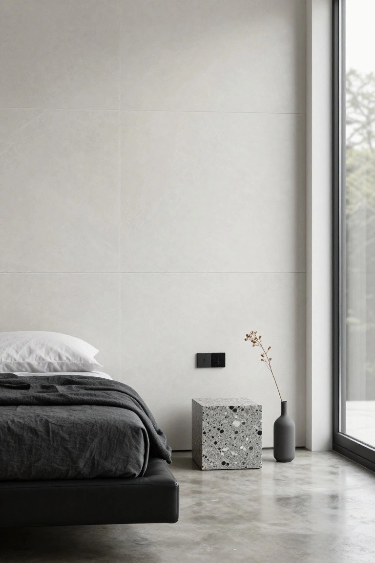 Minimalist bedroom with gray walls, terrazzo stool, and black bed.