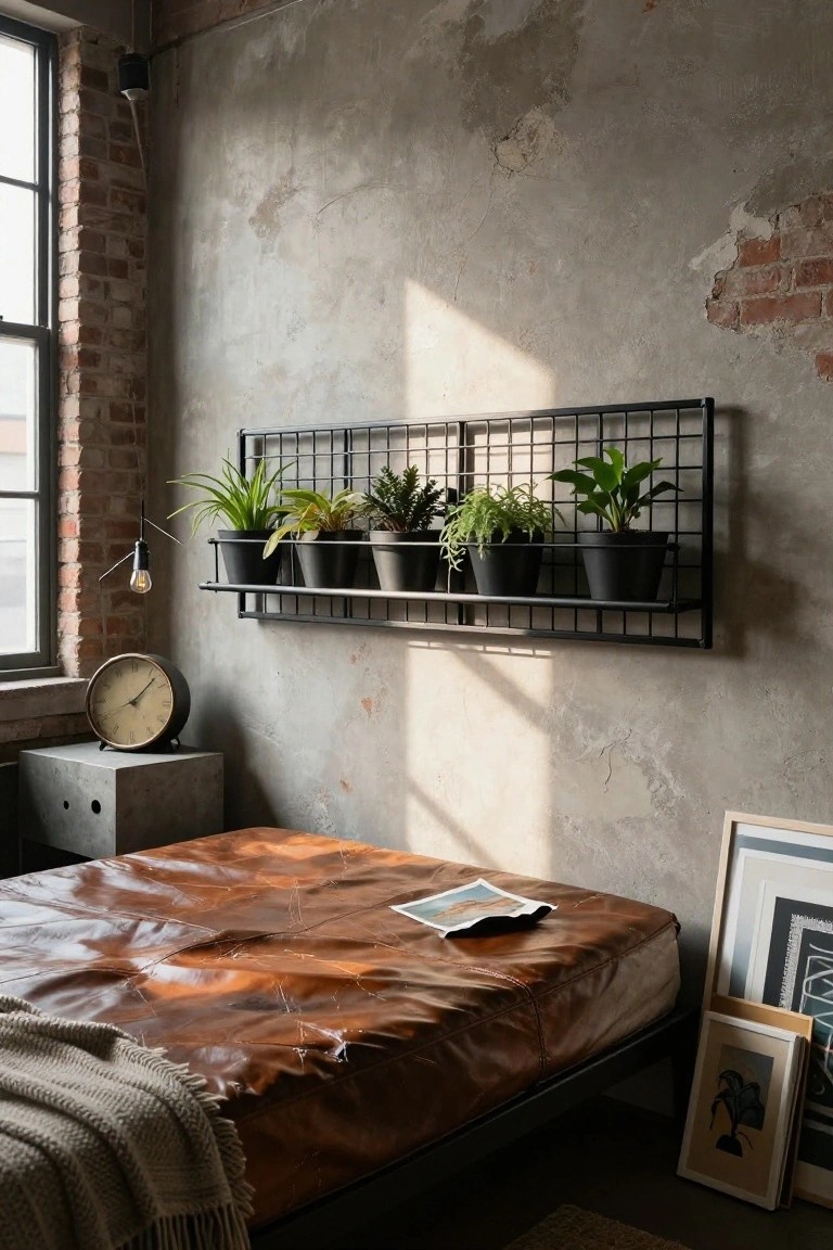 Bedroom with tan leather bed under black metal grid wall shelf holding six black pots of green plants, concrete side table with analog clock, exposed brick wall, and leaning framed artwork.