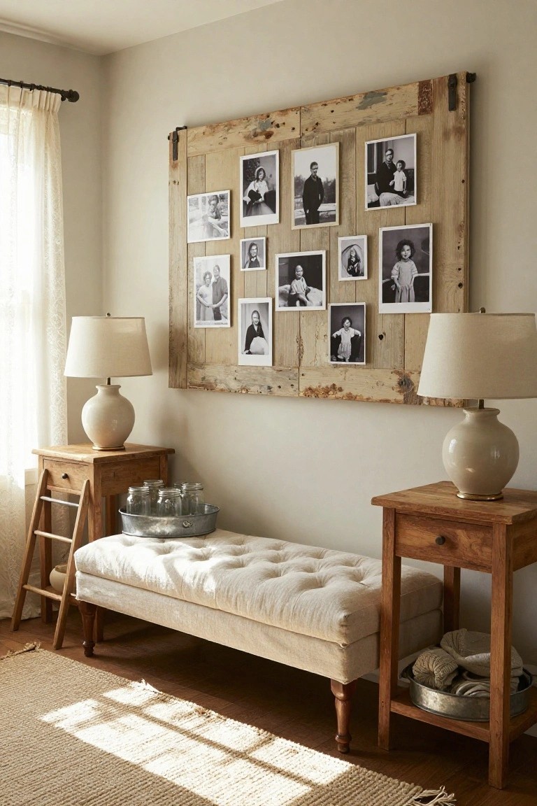 A large weathered barn wood door frame mounted on a beige wall holds an assortment of black-and-white family photographs, with ceramic lamps on wooden end tables and a tufted bench below in a light room.