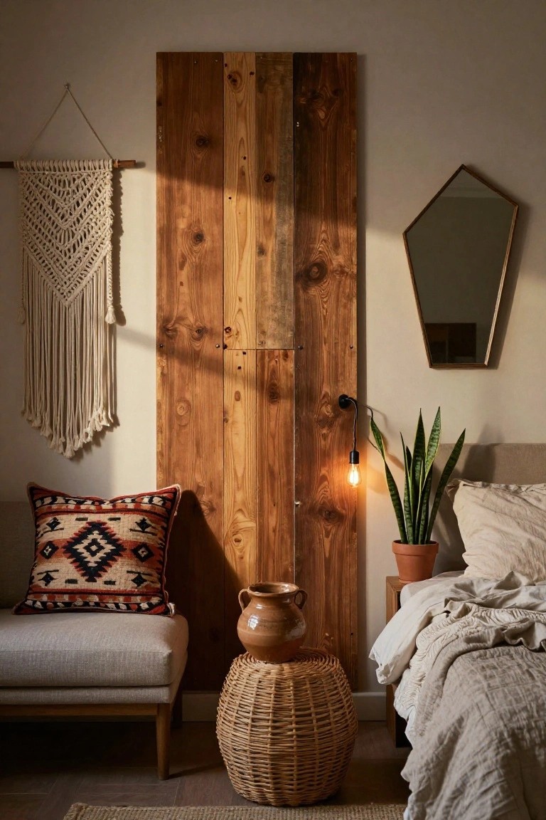 Bedroom corner featuring a tall vertical wood plank wall behind a bed with beige linens, a low chair with red patterned pillow, potted snake plant, terracotta vase on wood side table, macrame wall hanging, geometric mirror, and wall lamp with exposed bulb.