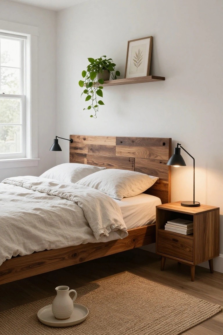 Bedroom with dark wood plank headboard, white linen bedding, black swing-arm wall lamps on either side, wooden nightstand holding books, floating shelf with potted trailing plant and framed print, seagrass rug, and hardwood floors.