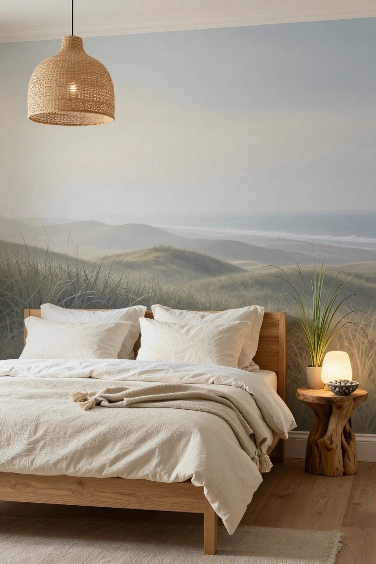 Bedroom with oak bed and white linens centered against a mural wallpaper of grassy dunes, ocean, and sky, plus rattan pendant light, potted plant, and tree-stump side table on wood floor.