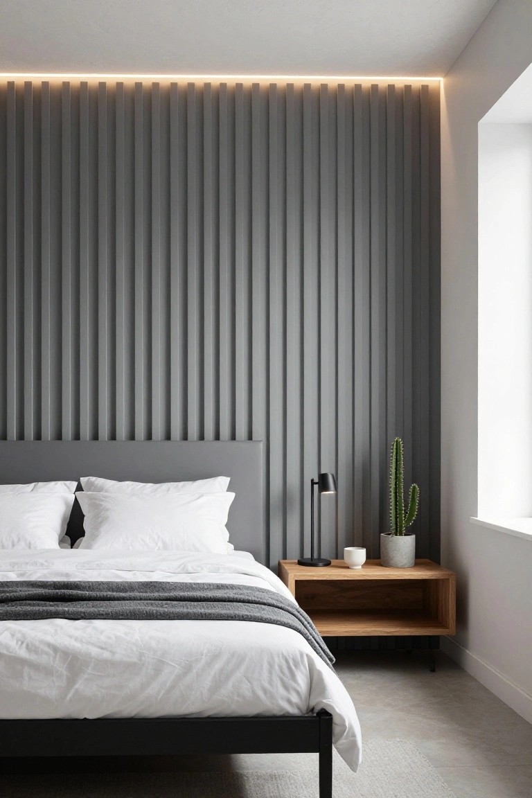Modern bedroom interior with gray vertical slatted wall panel behind a low black metal bed frame with white bedding and gray throw, wooden nightstand holding black lamp, white mug, potted cactus, and small plant next to a large window.