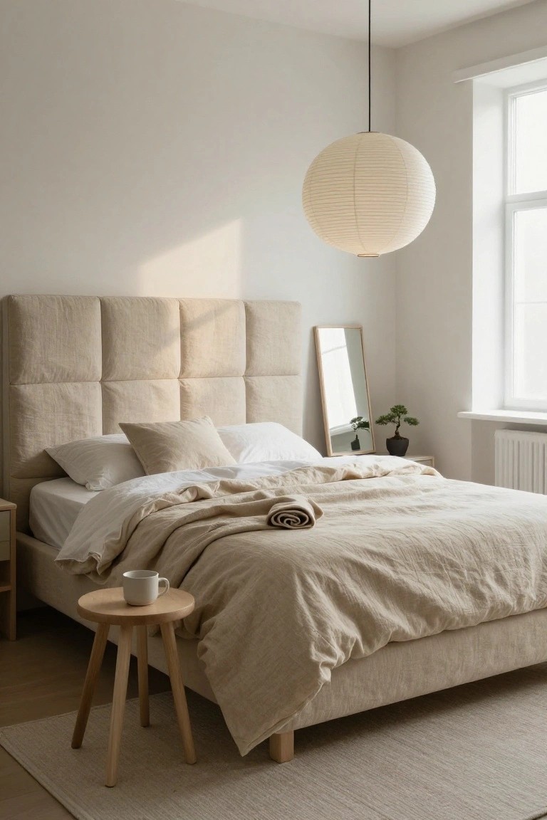 A bedroom with a large beige tufted fabric headboard on a low bed dressed in white and cream linens, a round wooden side table with a white mug, a hanging white paper lantern, a slim wood-framed mirror, and a bonsai plant near a window.
