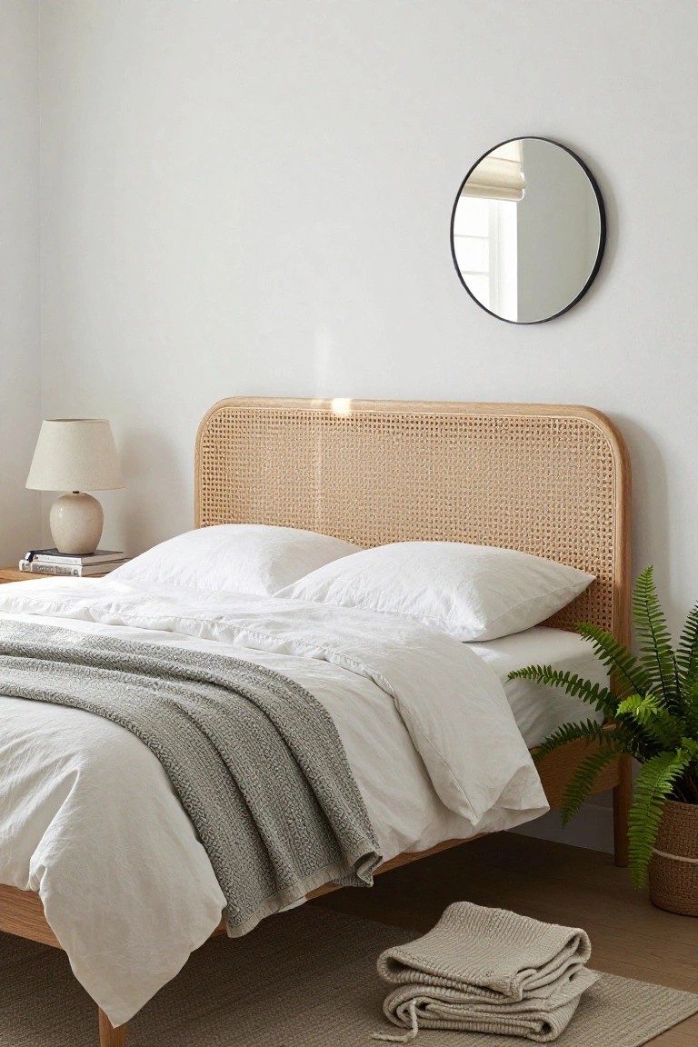 Bedroom with a bed featuring a curved light beige woven cane headboard against a white wall, white bedding with gray throw, bedside table with ceramic lamp and books, round black mirror, and potted fern in woven pot on wood floor.
