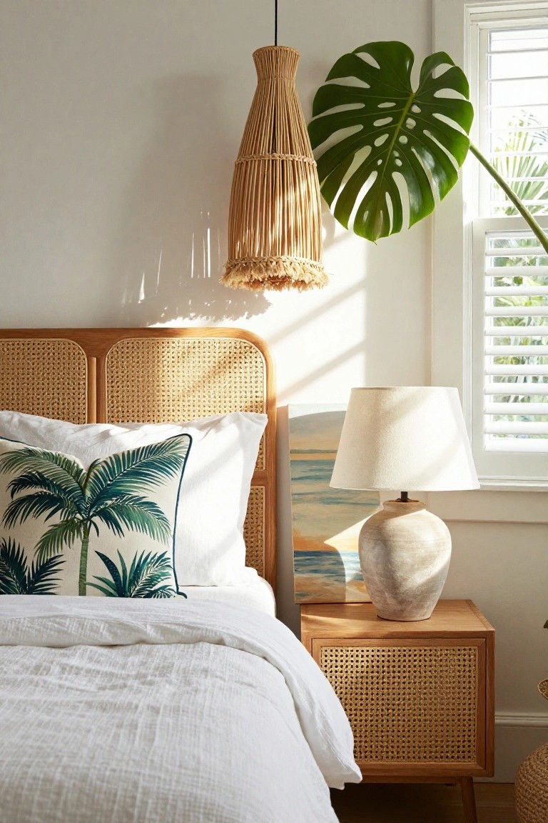 Bedroom with light wood rattan headboard, white linen bed with green palm pillows, rattan nightstand holding a ceramic lamp, monstera plant on wall, and window with shutters.
