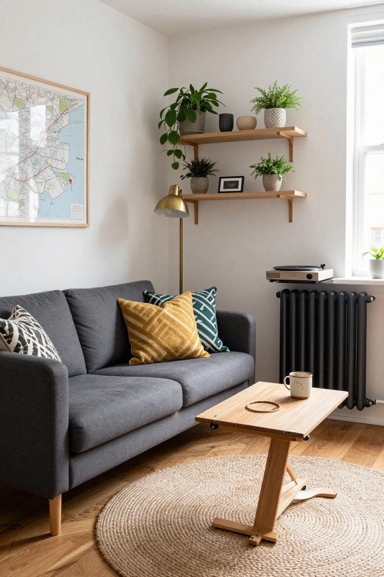 Cozy living room with gray sofa, wooden shelves, plants, and coffee table.