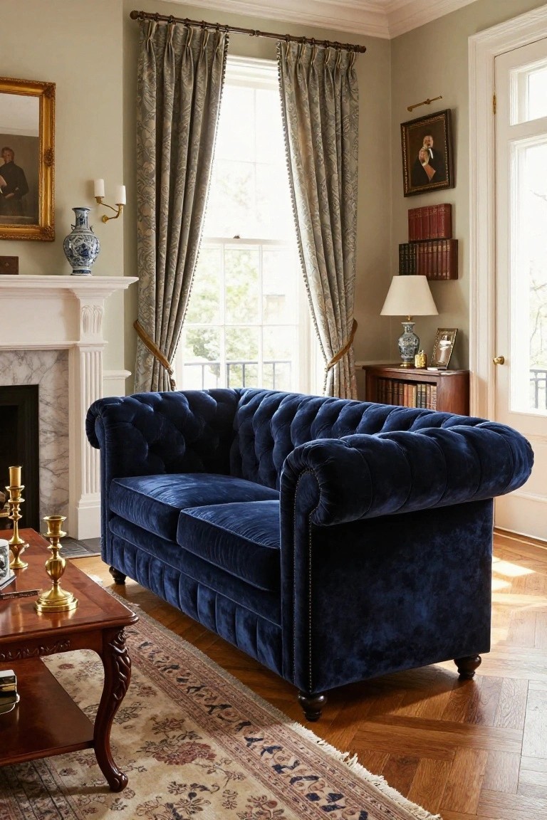 Navy blue tufted velvet Chesterfield sofa positioned in a traditional living room featuring a marble fireplace, large curtained windows, wooden side tables, and antique vases.
