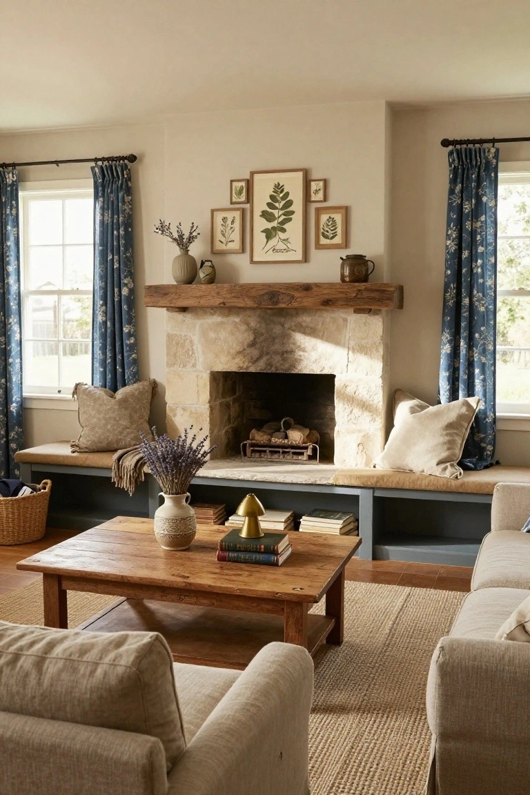 Living room with cream deep seat sofa facing stone fireplace flanked by built-in cushioned benches, wooden coffee table with books and vase, botanical wall art, blue floral curtains on windows, and beige rug.