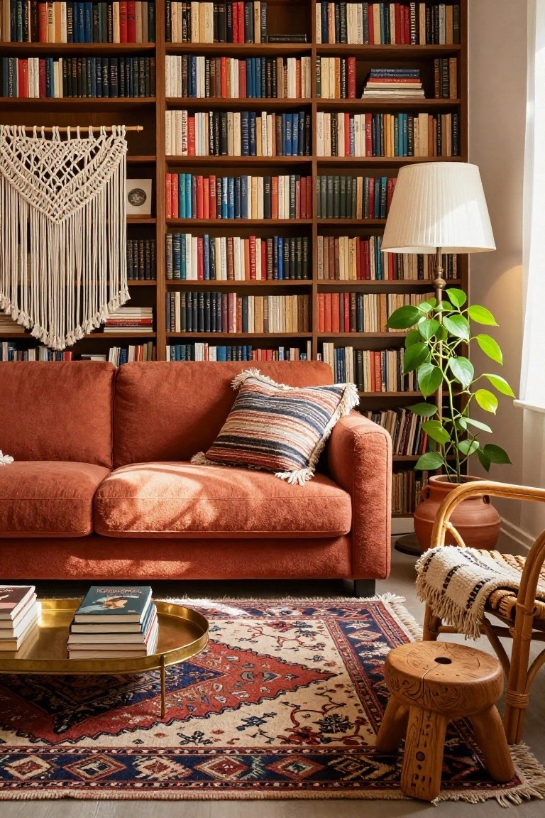 A burnt orange deep seat sofa sits in front of tall wooden bookshelves filled with books in a sunlit living room, with a gold tray coffee table, potted plant, macrame hanging, rattan stool, and woven throw.