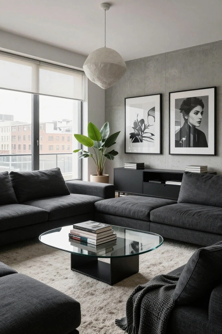 Modern living room with L-shaped charcoal gray deep-seat sofa, round glass coffee table stacked with books, tall potted plant, black media cabinet, two large black-and-white framed prints on gray concrete wall, and large windows with sheer blinds.