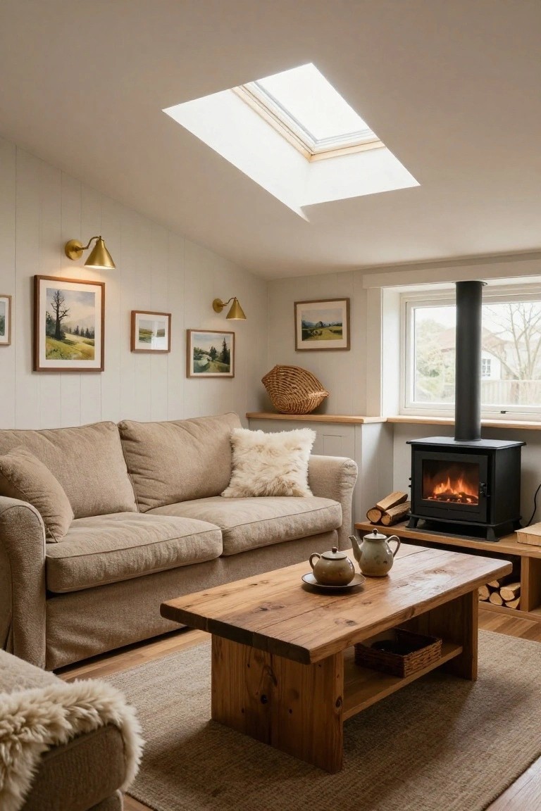 Beige deep-seat linen sofa with sheepskin pillows in a light-paneled attic living room featuring a wood-burning stove, skylight, wall art, wicker basket, and rustic wooden coffee table.