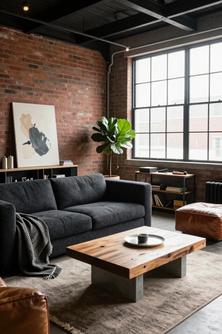 Interior photo of a gray deep seat sofa in a brick-walled loft room with wooden coffee table, leather poufs, potted plant, and large windows.