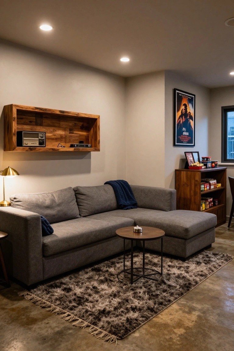 Gray L-shaped deep seat sofa with blue blanket in loft living room with wooden floating shelf, metal table, rug on concrete floor, and snack cabinet.