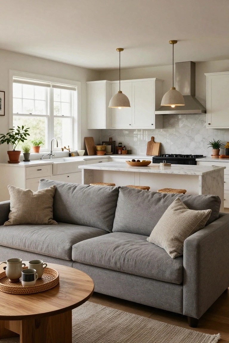 Gray deep seat sofa with beige pillows in an open kitchen-living room with white cabinets, marble island, pendant lights, plants, and wooden coffee table.