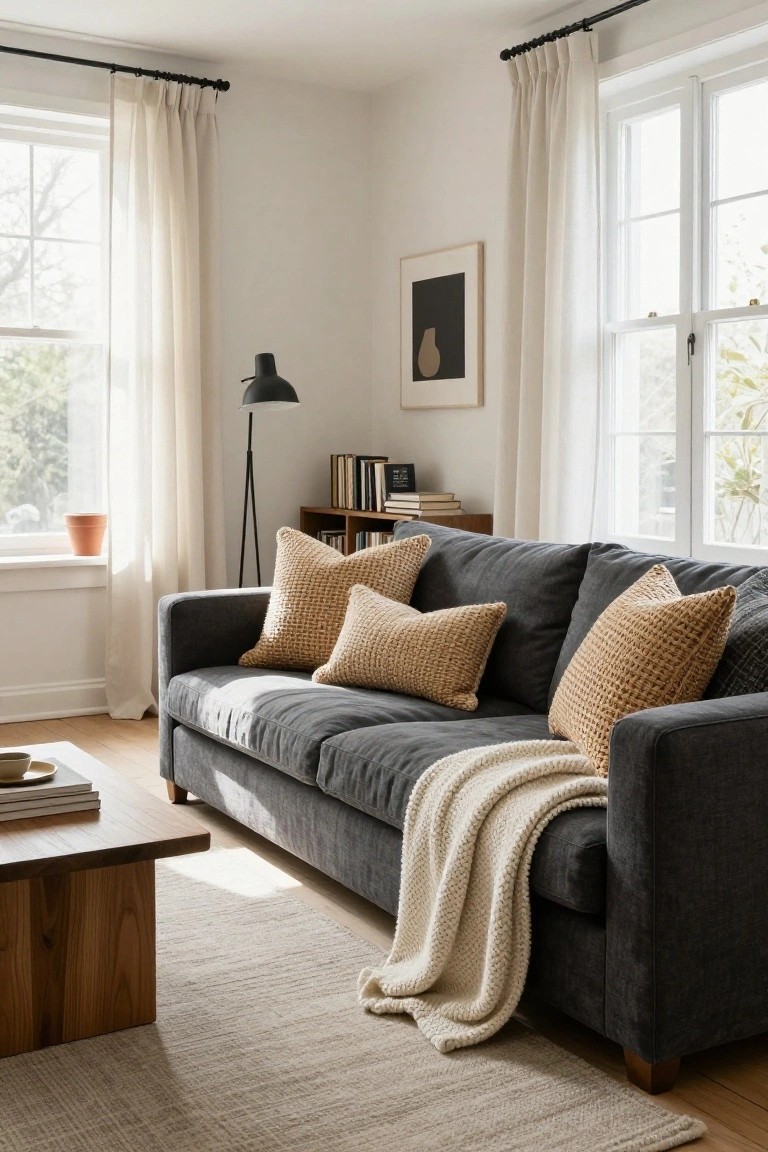 Corner living room with deep gray sofa piled with multiple textured beige pillows and a white knit throw draped over the arm, wooden coffee table in front, sheer curtains on large windows, black floor lamp, and bookshelves nearby.