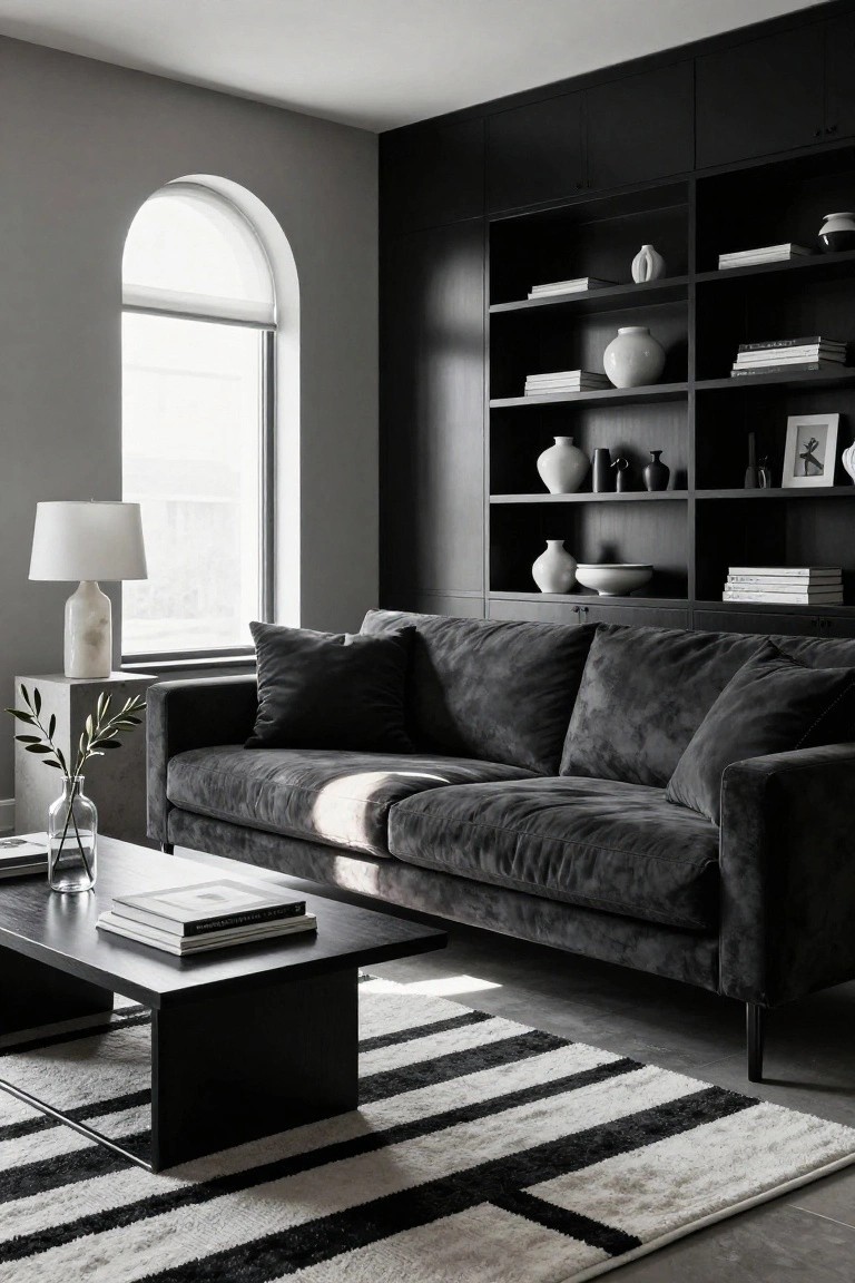Gray velvet deep seat sofa positioned in front of black built-in shelving in a minimalist living room with an arched window, lamp, coffee table, and striped rug.