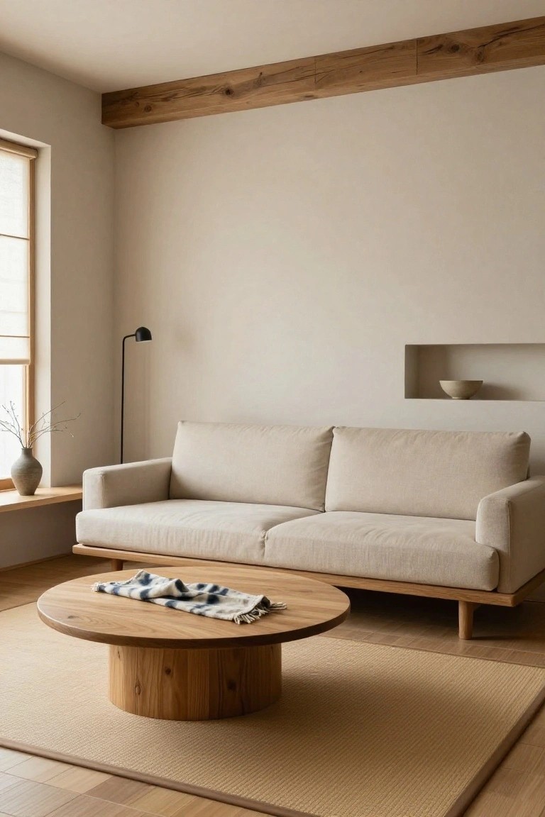 Beige low-profile sofa with deep seats and wooden legs in a minimalist living room with exposed wood beams, round wooden pedestal coffee table holding a striped throw, seagrass rug, floor lamp, and window with vase of branches.