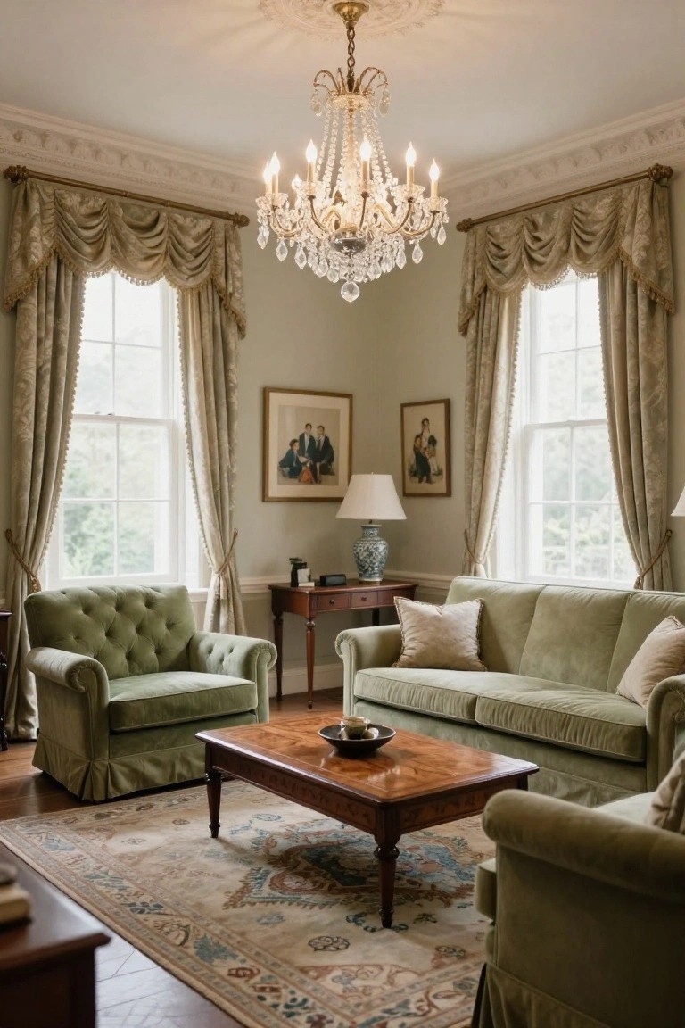 Elegant living room corner with green velvet tufted armchairs, deep-seat sofa, wooden coffee table, crystal chandelier, table lamps, and tall windows with cream drapes.