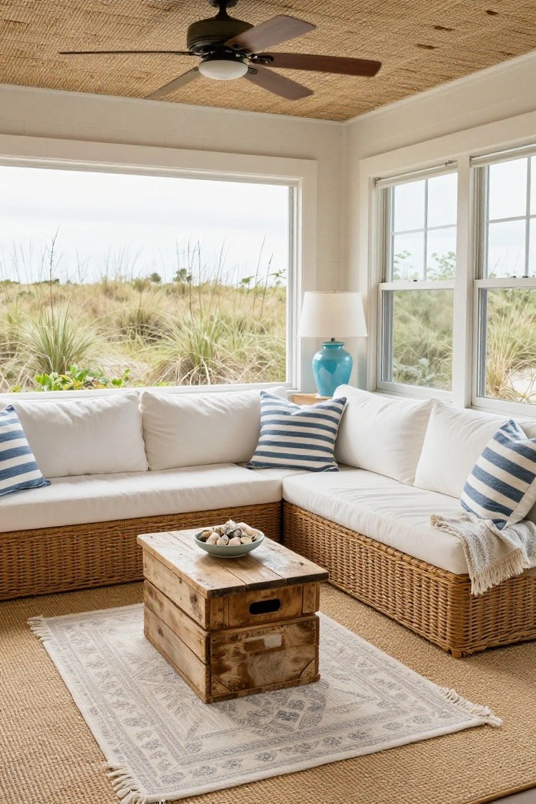Sunroom interior with L-shaped white deep seat wicker sofas, blue striped pillows, wooden crate coffee table holding a bowl of seashells, beige rug, ceiling fan, blue lamp, and large windows showing coastal dunes and sea grass.