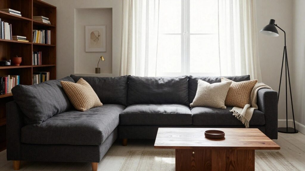Corner living room with deep gray sofa piled with multiple textured beige pillows and a white knit throw draped over the arm, wooden coffee table in front, sheer curtains on large windows, black floor lamp, and bookshelves nearby.