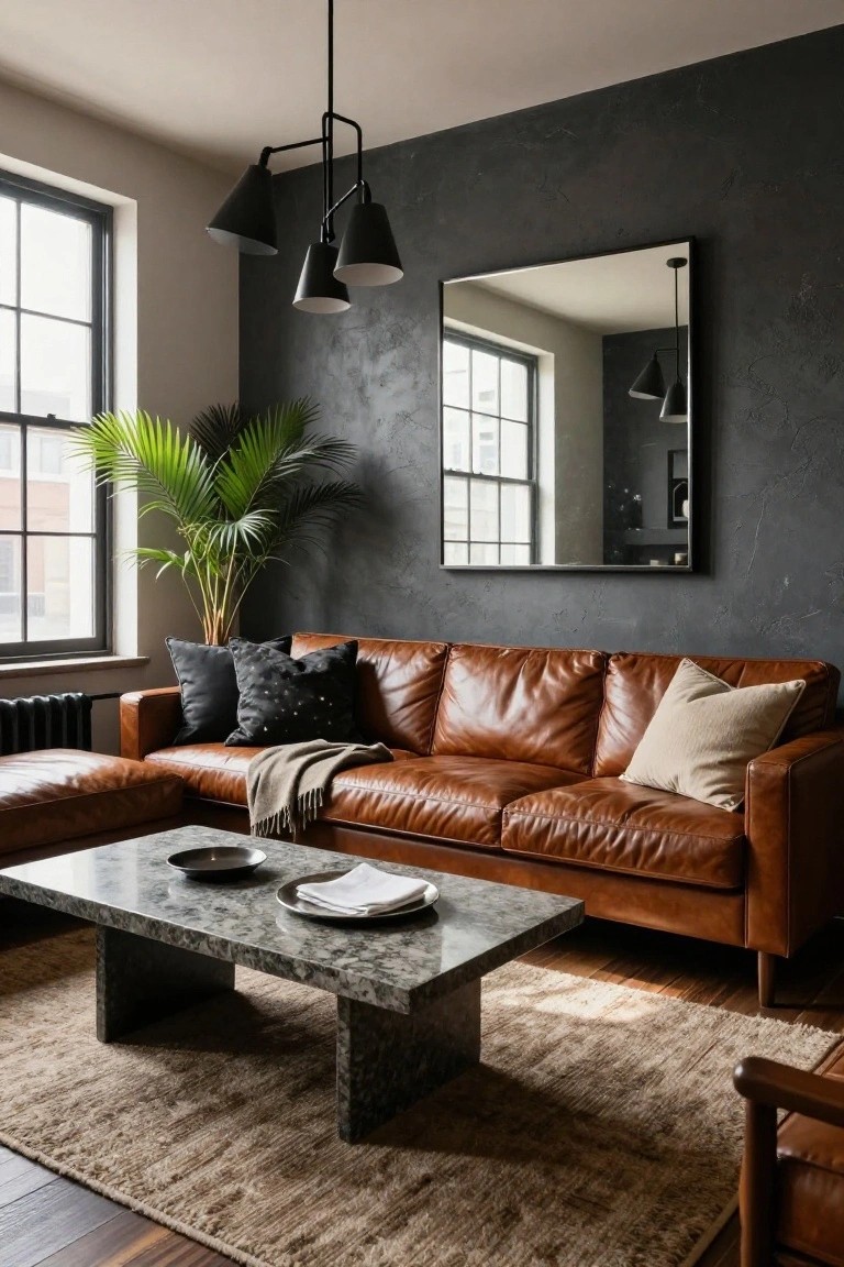 Modern living room with cognac leather L-shaped deep seat sofa, gray veined stone coffee table, black textured walls, large black-framed mirror, pendant lights, potted palm plant, and large windows.