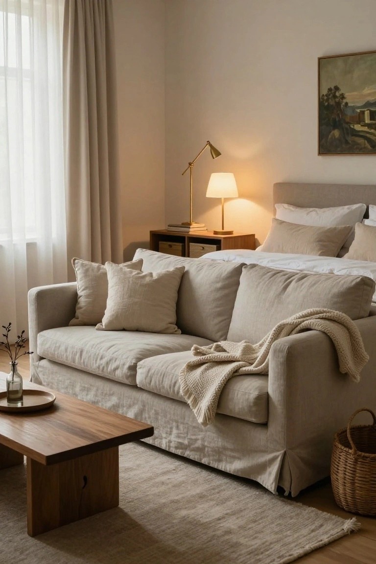 Beige linen deep seat sofa with pillows and throw blanket in a neutral bedroom featuring a bed, sheer curtains, arched lamp on wood nightstand, wood coffee table with vase, and woven basket on wood floor.
