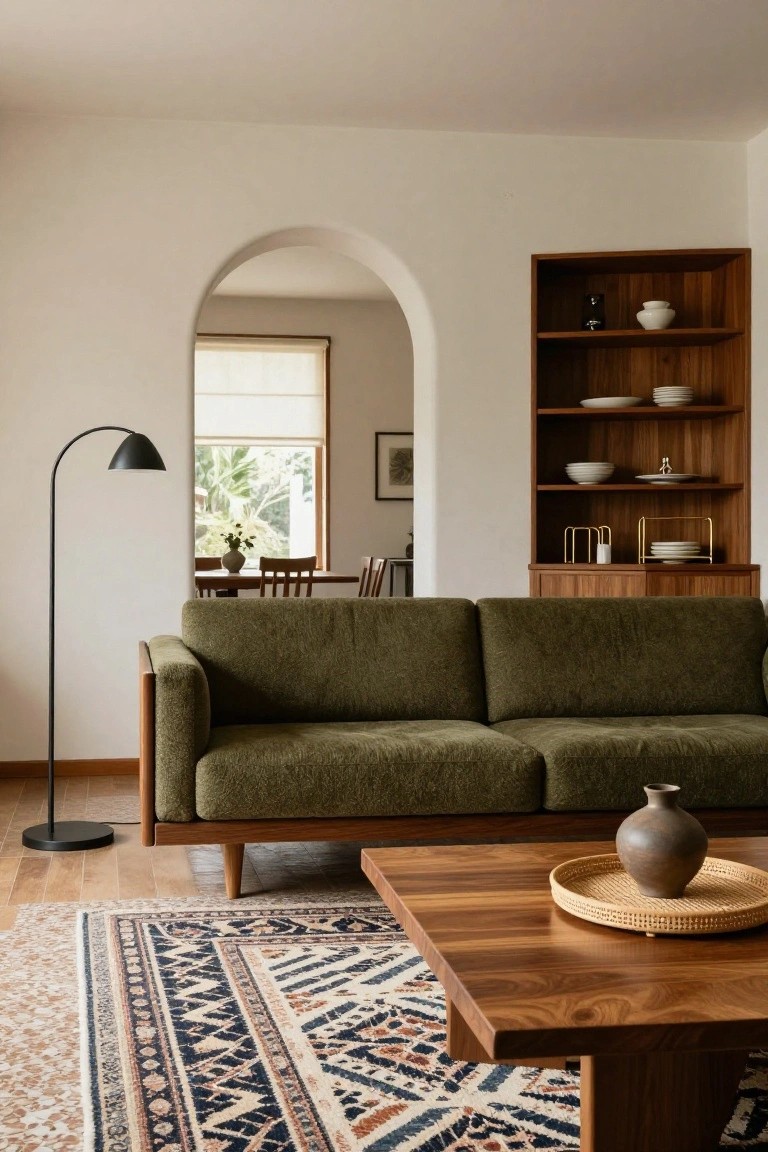 Living room interior with green upholstered deep-seat sofa on wooden frame, wooden coffee table holding a vase and tray on patterned rug, black arc floor lamp, wooden shelving unit with dishes, and arched doorway to adjacent room with dining table.