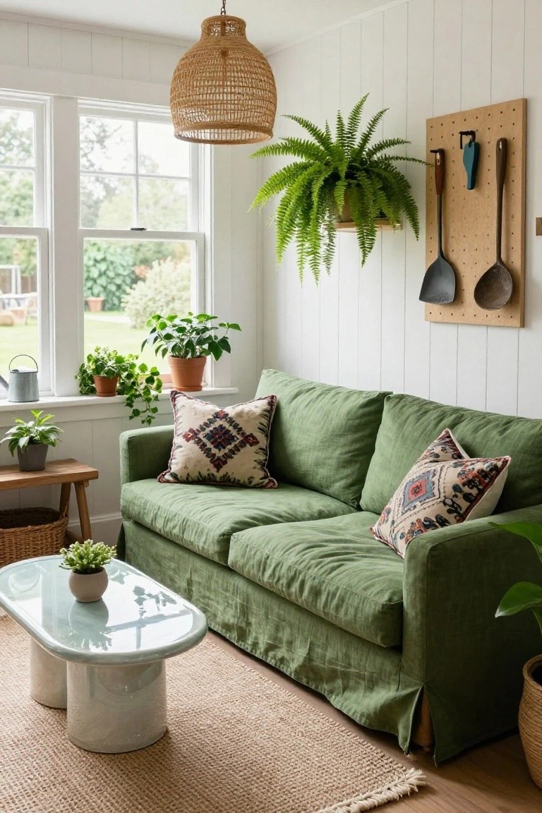 Green linen slipcovered deep seat sofa with patterned pillows in a white paneled room filled with potted plants, beside a glass coffee table and window with garden view.