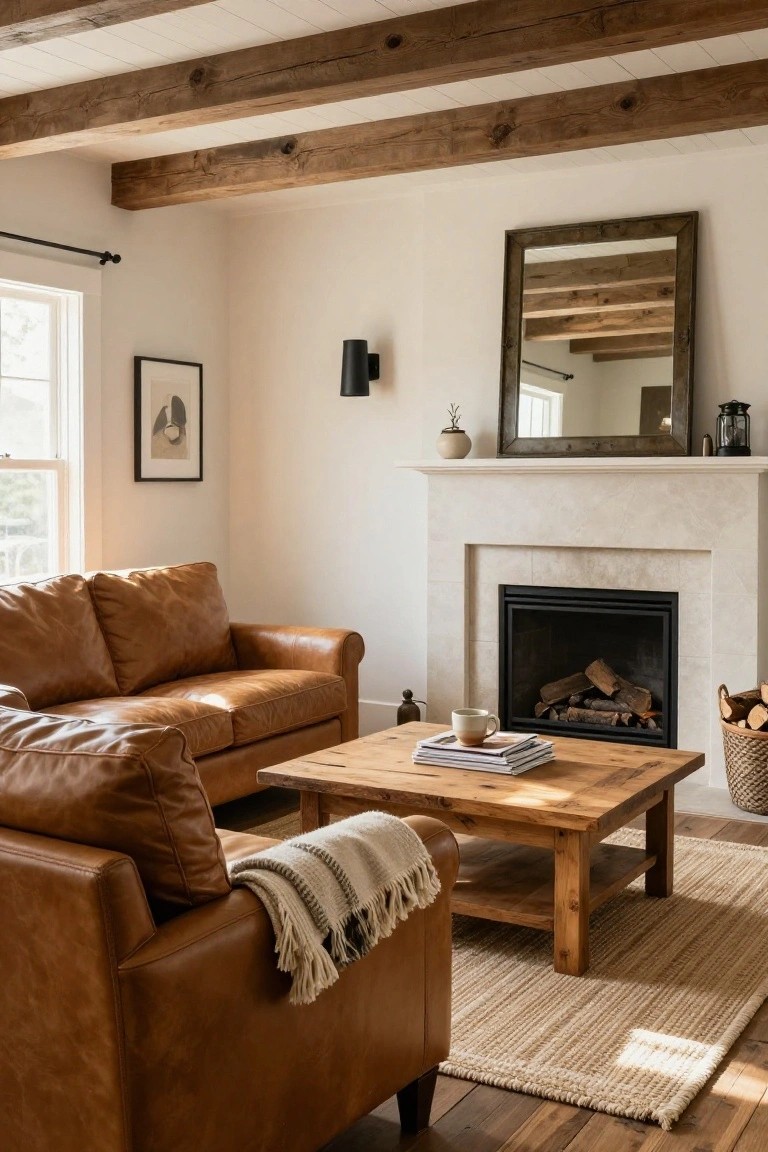 A brown leather deep seat sofa sits in front of a stone fireplace in a white-walled living room with exposed wooden ceiling beams, a wooden coffee table, and a woven rug.