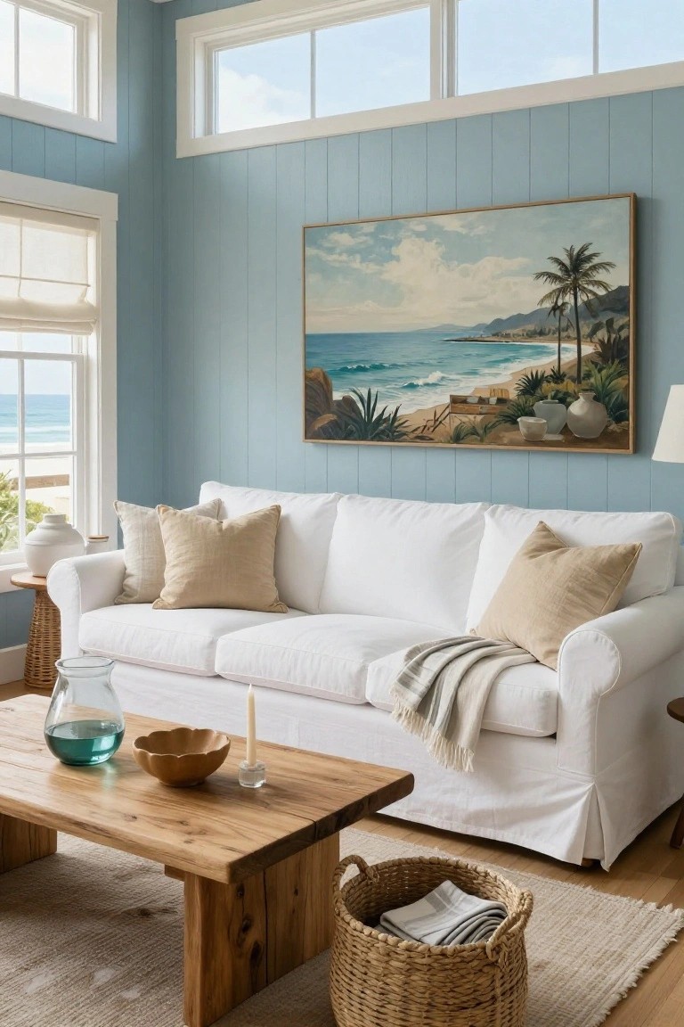 Light blue vertical board-and-batten walled living room with clerestory and large windows showing ocean view, white slipcovered deep seat sofa with beige linen pillows and gray striped throw, natural wood coffee table holding blue glass vase and wooden bowl, large beach scene painting, rattan basket, and side tables.