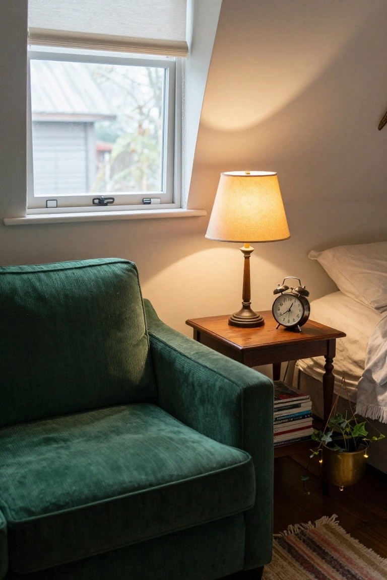 Green velvet sofa in a bedroom corner next to a wooden side table holding a lamp, alarm clock, and books, beside a white bed with pillows, a hanging plant, and a window with shade.