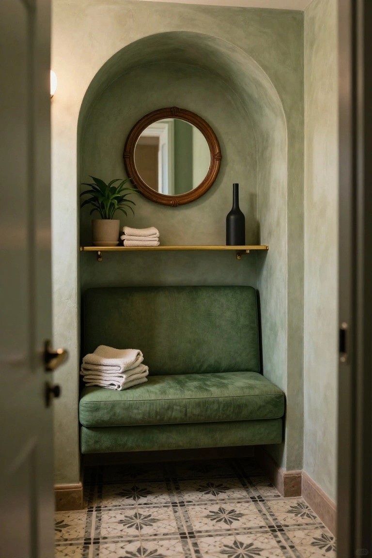 Arched pale green plaster wall niche containing a forest green velvet bench with towels on it, gold shelf above holding potted plant, towels, black vase, and round bamboo mirror, with open doors framing the view and patterned tile floor in front.
