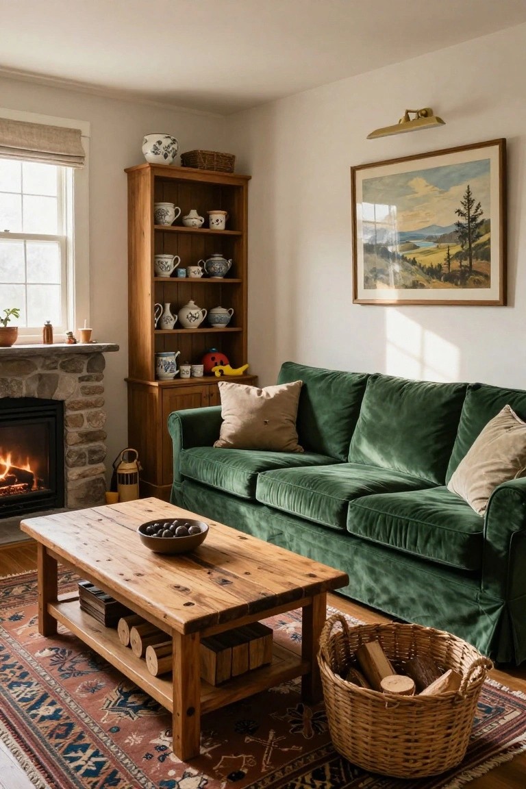 Living room with a green velvet three-seater sofa facing a stone fireplace, wooden bookshelves filled with china, a wooden coffee table with bowls and logs, and a wicker basket of firewood on an oriental rug.