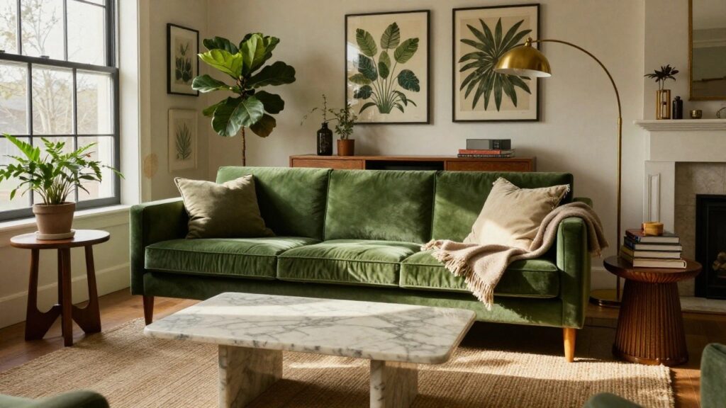 22 Forest Green Sofa Ideas That Bring Nature Indoors A sunlit living room corner with emerald green velvet sofa, wooden credenza stacked with books, marble coffee table, large potted fiddle leaf fig plant, gold arc lamp, and grid of six framed green botanical prints on white walls beside a window.