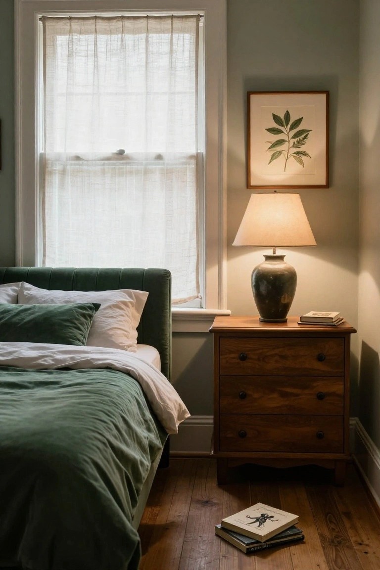 Bedroom corner with green velvet upholstered platform bed and white bedding, wooden nightstand holding a ceramic lamp and books, sheer curtains on window, leaf print on wall, and books on hardwood floor.