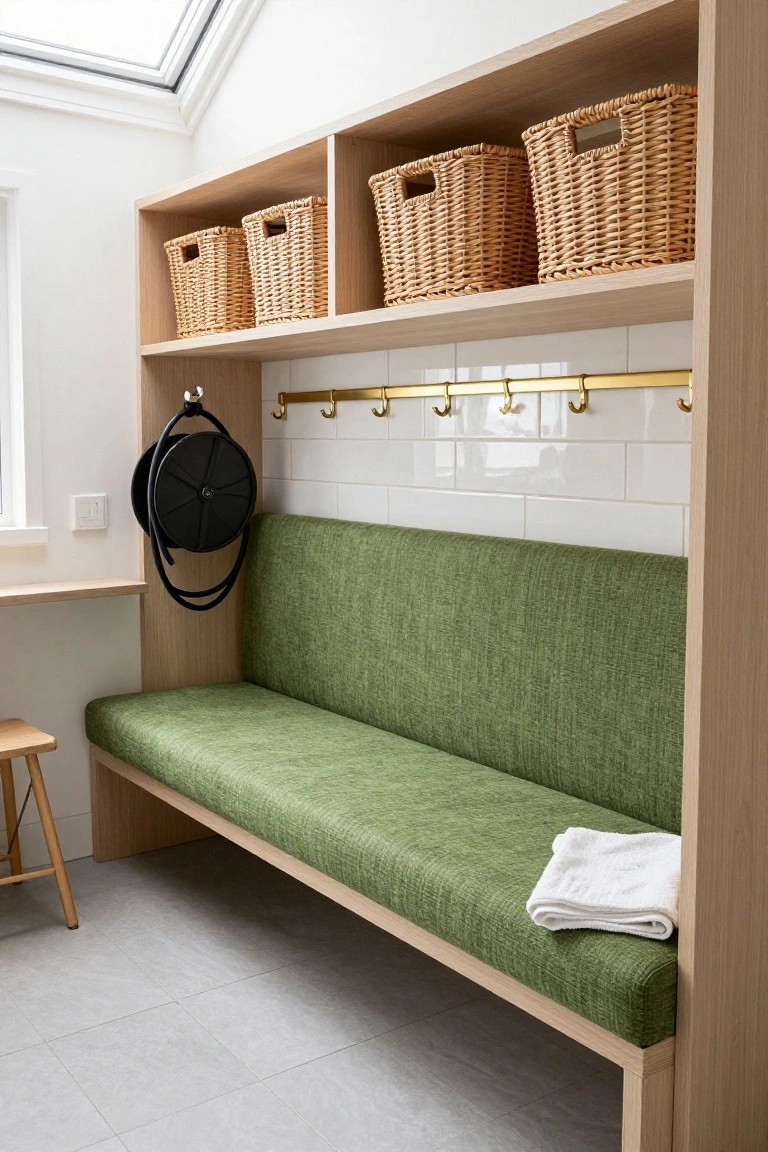 Oak built-in cabinetry in a white-tiled mudroom with wicker baskets on shelves, gold hooks, coiled black hose, green upholstered bench seat, wooden stool, and folded white towel on gray concrete floor.