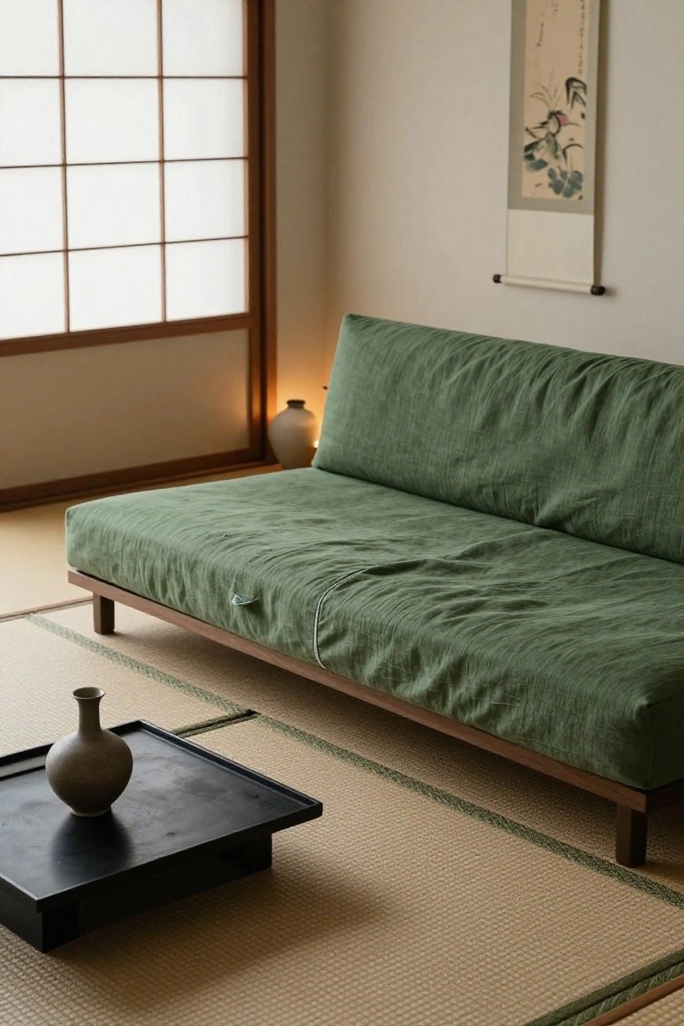 Minimalist Japanese-style interior with low forest green linen futon sofa on wooden frame, black tray table holding ceramic vase, tatami mat flooring, shoji screen window, hanging ink scroll, and ceramic lamp.