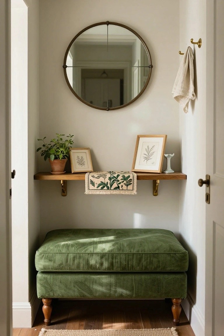 Narrow white-walled interior alcove with a green upholstered ottoman on wood floor, wooden shelf holding terracotta plant pot, framed botanical prints, embroidered runner, round brass mirror above, and brass towel hooks.