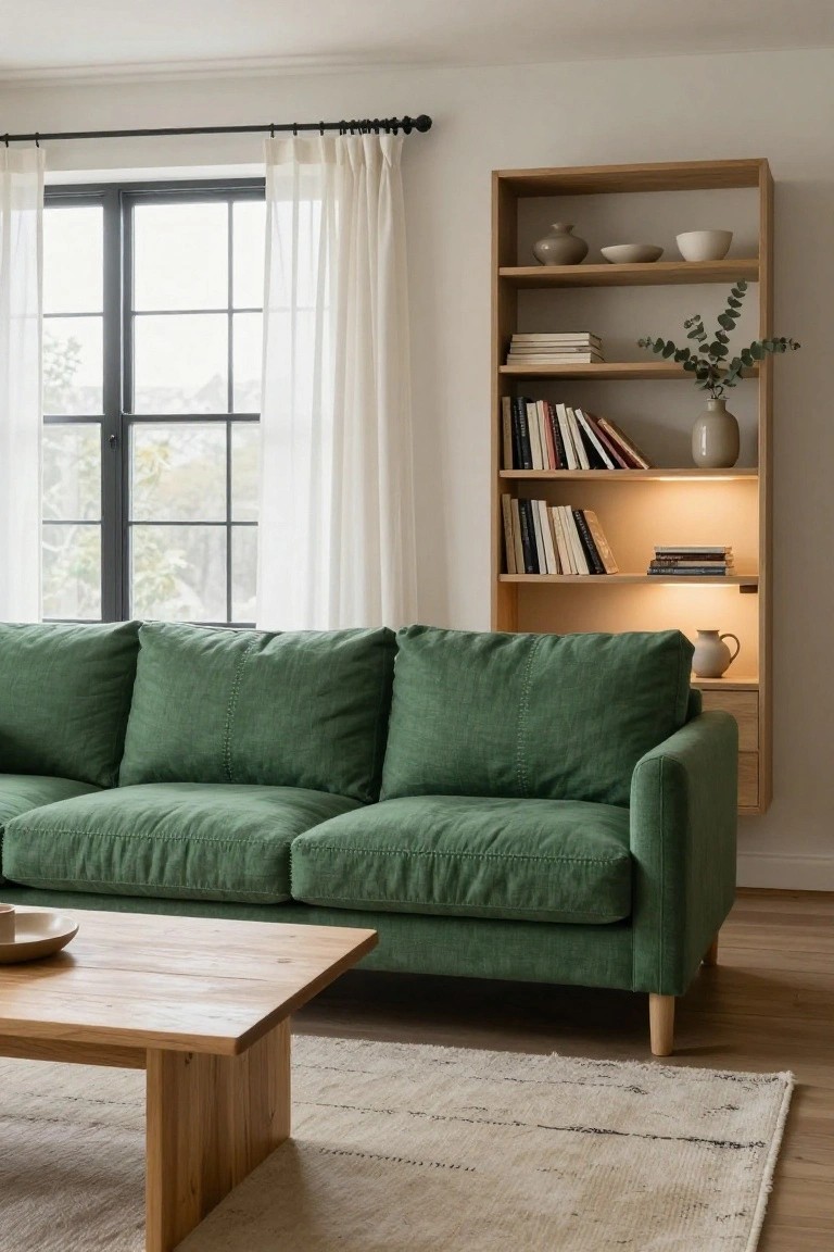Green velvet sofa, wooden coffee table, and lit oak bookshelf in bright living room.