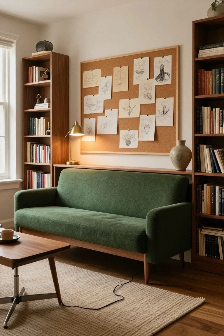 A forest green upholstered sofa sits between two tall wooden bookshelves in a room with light walls, a corkboard covered in sketches pinned up, a desk lamp, wooden coffee table, and beige rug on hardwood floors.