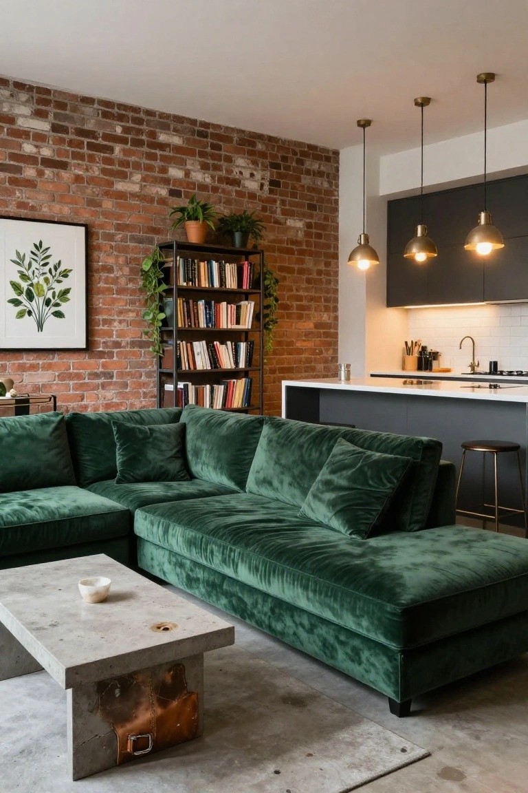 Loft living room with L-shaped forest green velvet sofa, exposed brick accent wall lined with black metal bookshelves and potted plants, open kitchen bar with pendant lights, and concrete coffee table.