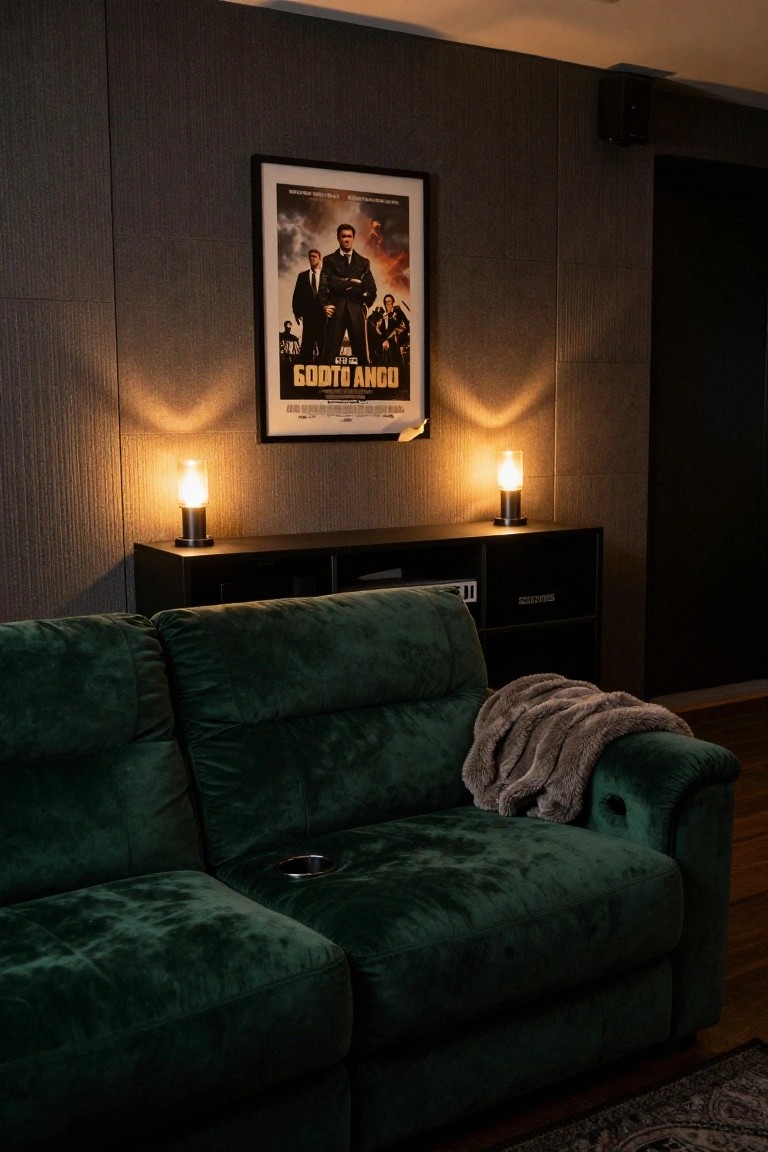 Dark-walled media room featuring a green velvet L-shaped sofa with cup holders and a gray throw blanket, flanked by a black console with two lamps and a movie poster on the wall.