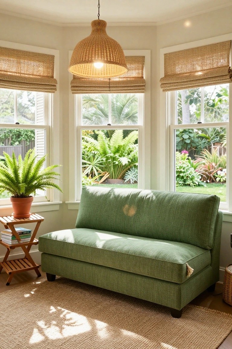A green upholstered loveseat in a beige corner room with large triple windows showing tropical garden plants, a potted fern on a wooden side table with books, woven shades, and a rattan pendant lamp overhead.