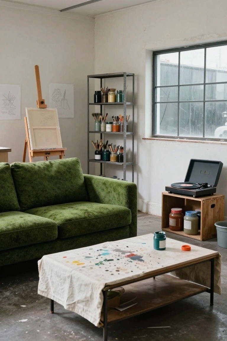 A plush forest green velvet sofa sits in a concrete-floored art studio with an easel holding a blank canvas, metal shelves of paint jars and brushes, a wooden record player stand, and a low table draped in a paint-splattered cloth.