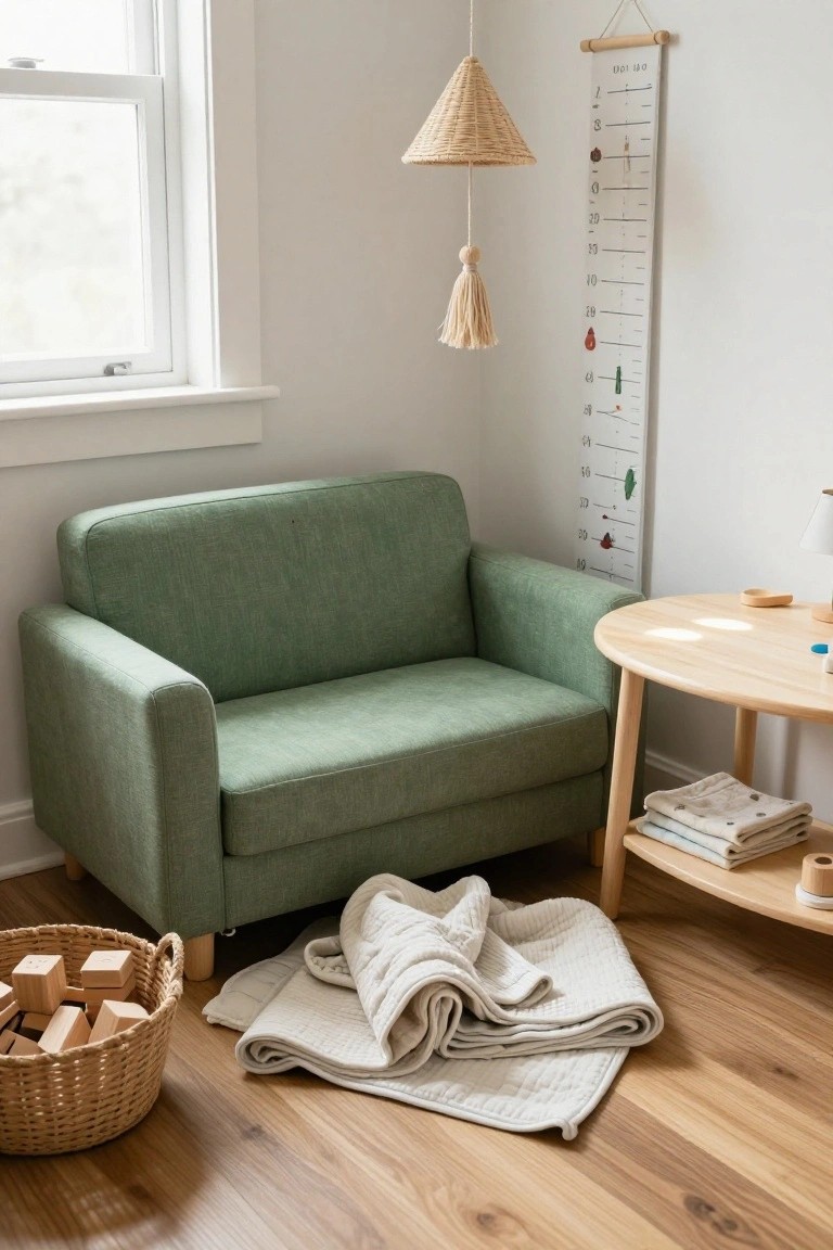 Compact sage green fabric sofa in a sunny nursery corner beside a window, with a round wooden side table holding toys and stacked blankets, a height measurement chart hanging on the wall, and a wicker basket of wooden blocks on the hardwood floor.